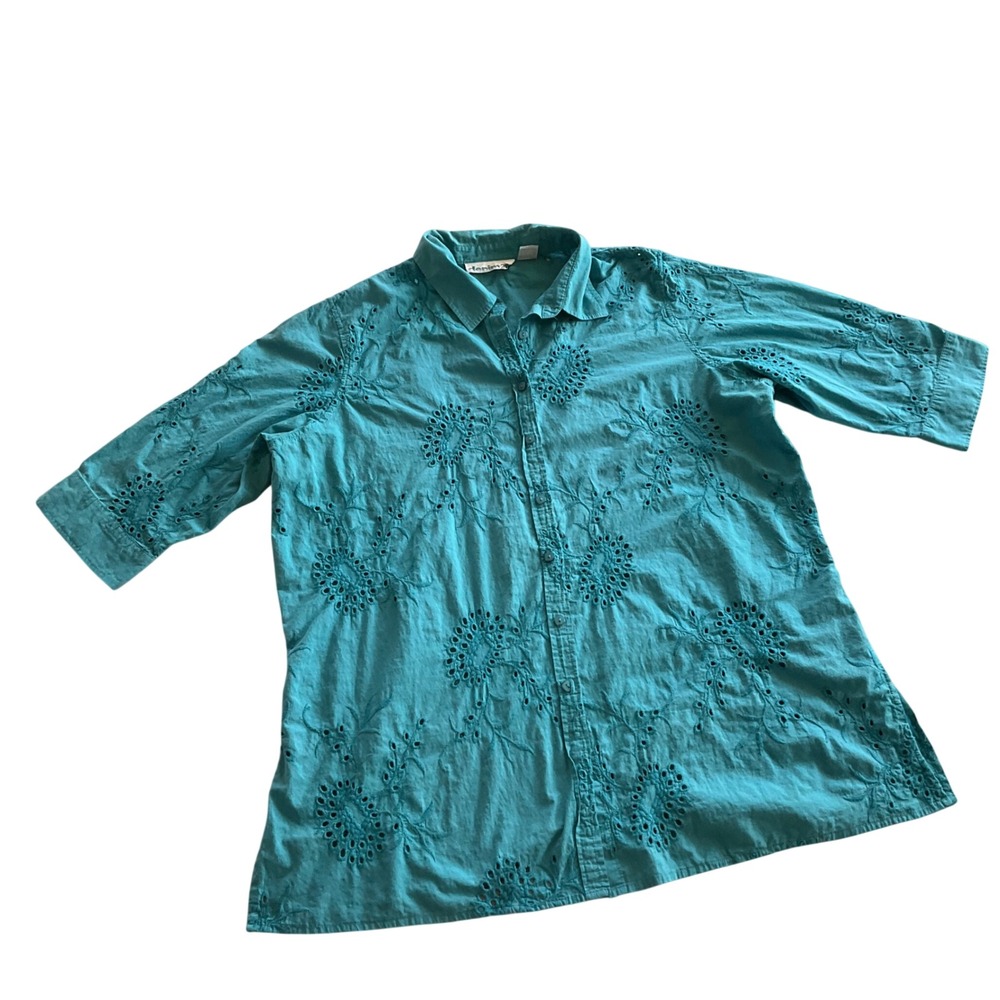 Denim 24/7 Button Up Women 24W Teal Eyelet Floral Cotton Short Sleeve Blouse
